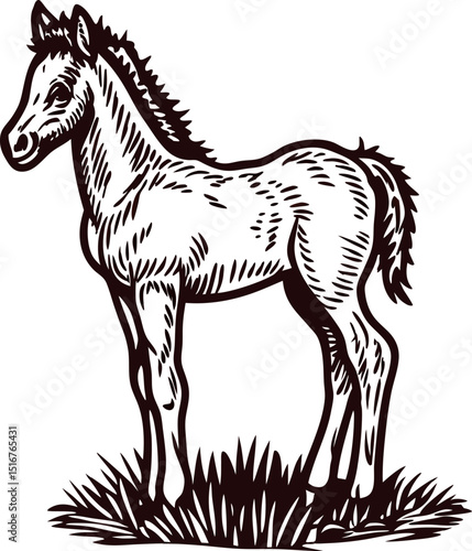 Engraved drawing of young foal standing on grass vintage hand drawn sketch illustration