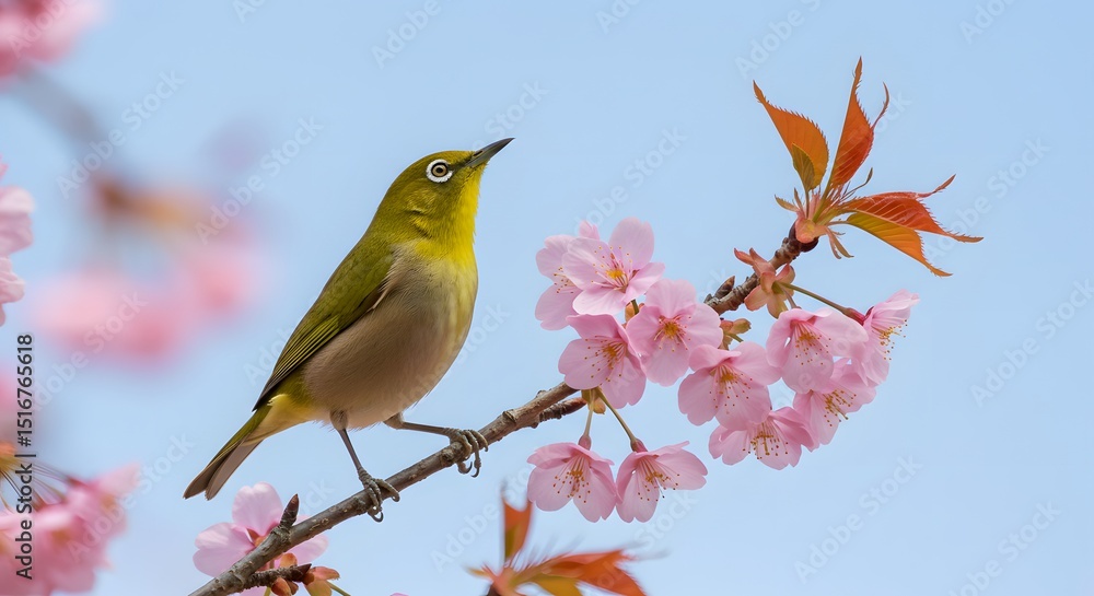 Fototapeta premium Delicate Japanese White-eye Bird Perched Among Blooming Cherry Blossoms in Spring