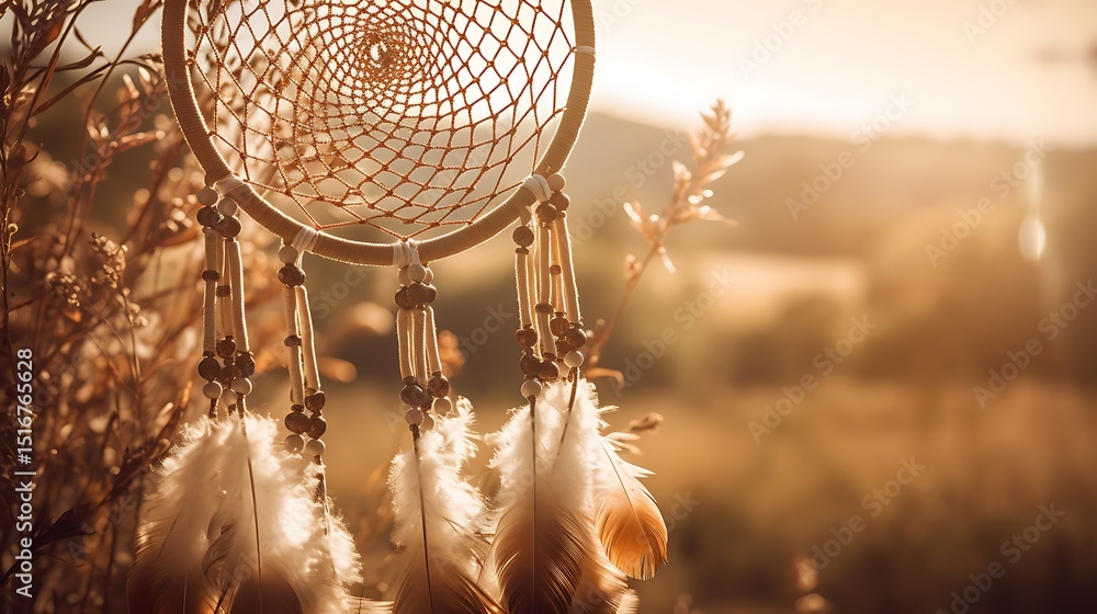 Obraz premium Beautiful dreamcatcher with feathers hanging in natural light during golden hour photo