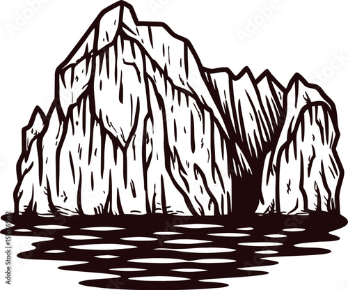 Hand drawn iceberg floating on water vintage engraved sketch illustration of mountain ice formation