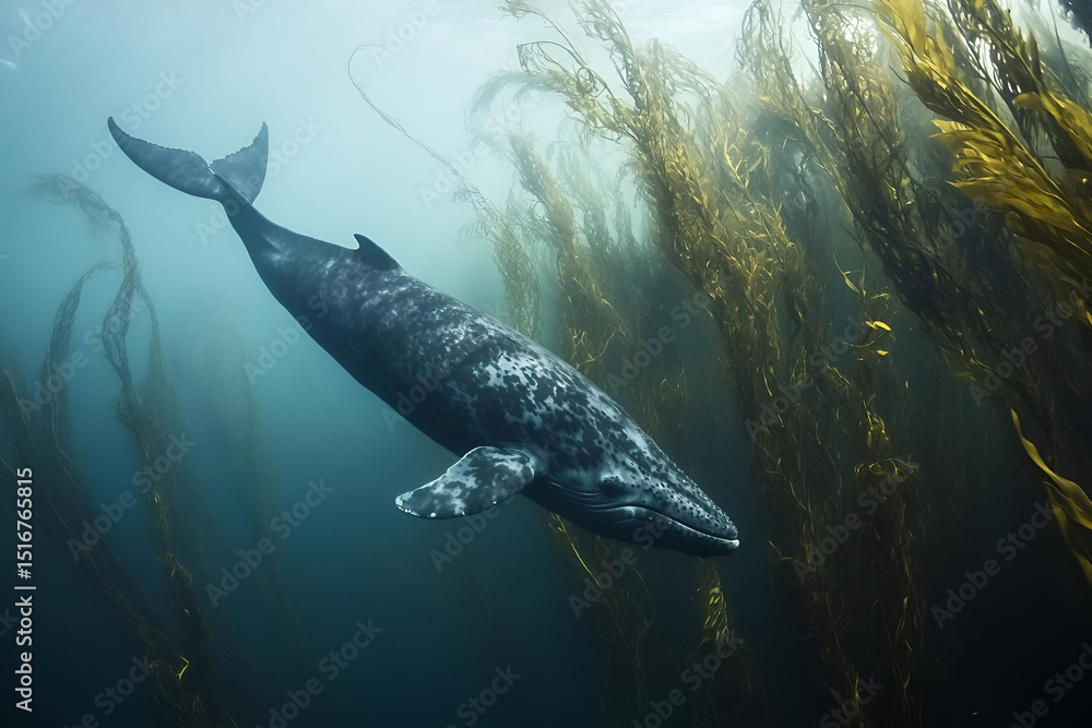 Fototapeta premium A solitary whale swimming through a kelp forest in the deep ocean, its massive body moving slowly among the tall, waving plants. The gentle flow of water and the eerie silence of the