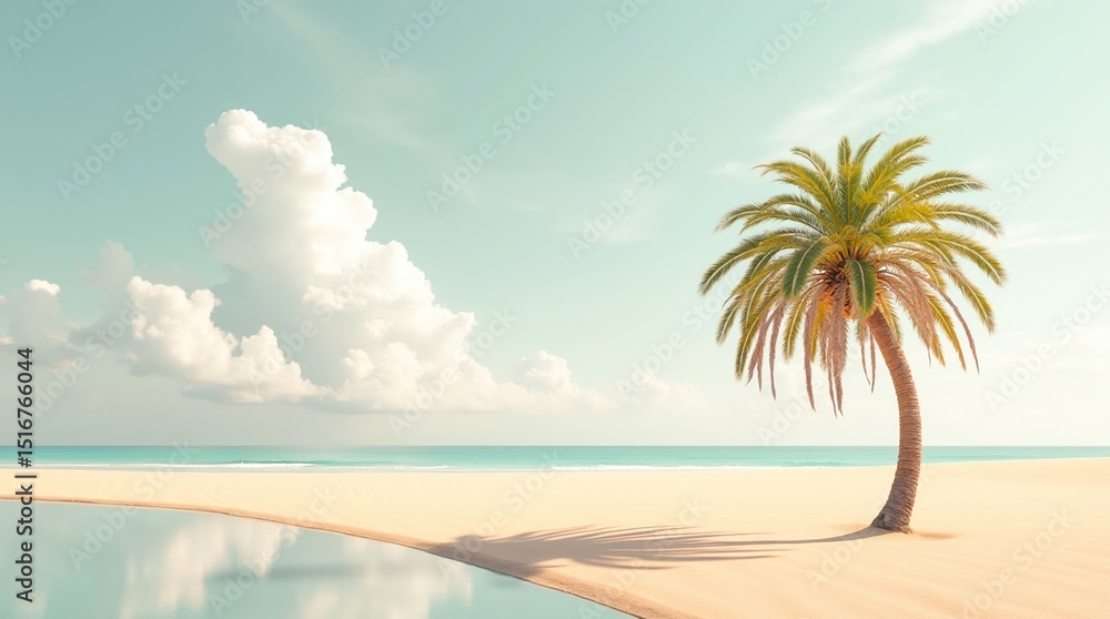 Fototapeta premium Palm Tree at Sunset on Sandy Beach. Tropical Paradise Coastline Scene.