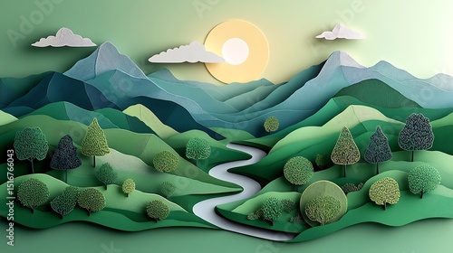 Captivating paper cut landscape illustration showcasing scenic mountains trees a river and a sun in high resolution photo