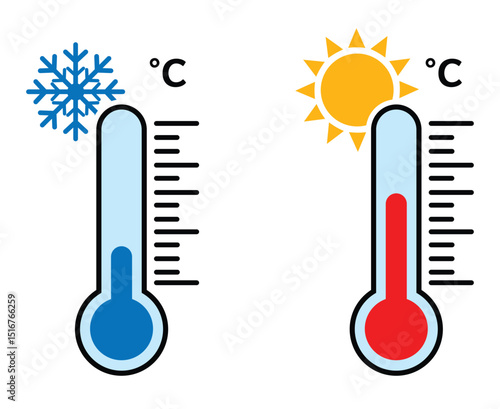 Hot and Cold Thermometers with Celsius Scale – Red and Blue Temperature Icons on White Background