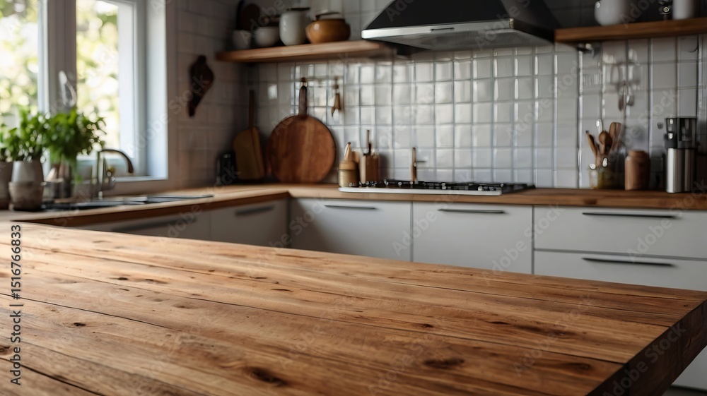 Wooden Tabletop with Blurred Modern Kitchen Background 17 Wooden Tabletop with Blurred Modern Kitchen Background 17