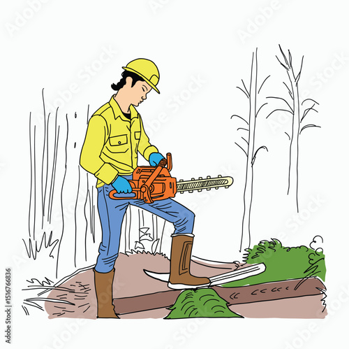 tree logging activity. Construction worker cut tree with chainsaw. Cartoon Style Illustration