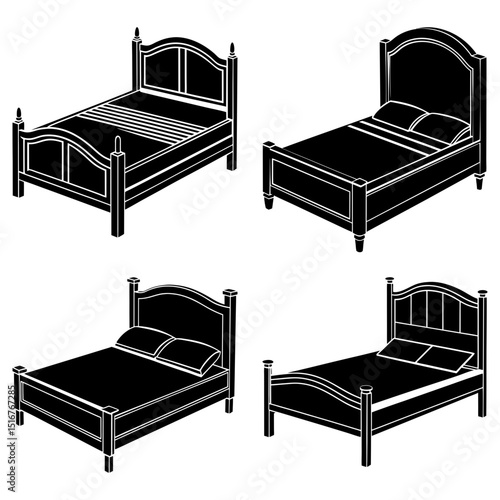 Four black and white illustrations showcasing different styles of beds with headboards and footboards