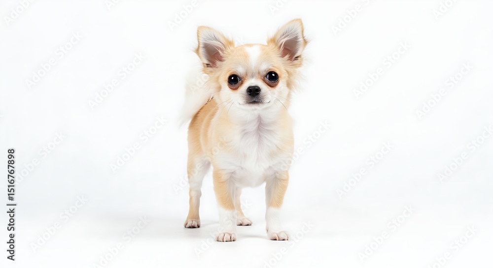 Obraz premium Tiny Chihuahua Dog Standing Alone Isolated on White Background Symbolizing Pet Adoption Canine Friend Small Companion Animal Domestic Breed Pet Care