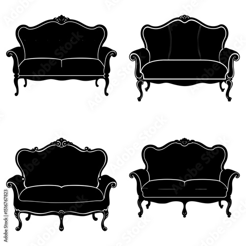 Four black silhouette illustrations of ornate antique sofas with decorative legs and curved backrests