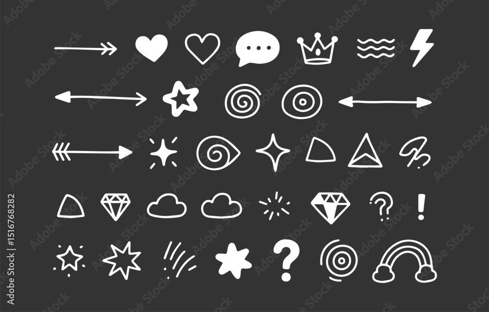 Naklejka premium Hand Drawn Doodle Elements Vector Set Arrows Hearts Stars Crown Speech Bubble Lightning Clouds Rainbow Question Mark Exclamation Point on Dark Gray Background