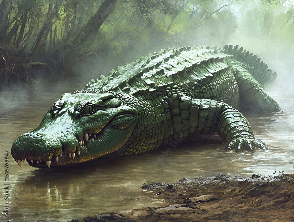 Obraz premium A crocodile stalking through the shallow, muddy waters of the riverbank, its green, scaly body blending with the murky surroundings. The hot, oppressive air adds a sense of tension to the scene.