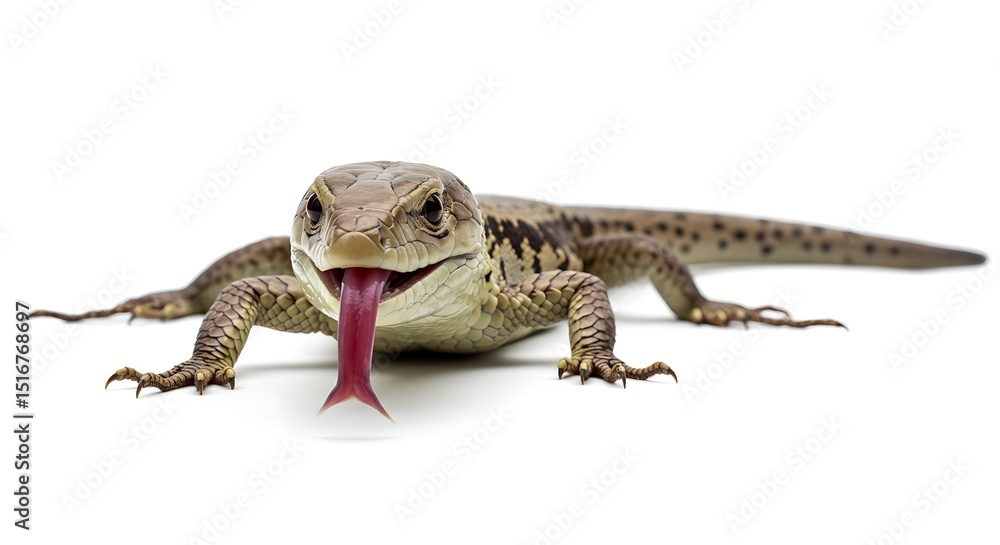 Naklejka premium Monitor Lizard with Tongue Out on White: Exotic Pet Isolated for Creative Design, Animal Behavior, Wildlife Photography, Reptile Study, Educational Material, and Scaled Skin Detail
