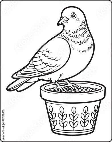 Beautiful pigeon sitting on a pot vector line art illustration of bird coloring page for kids
