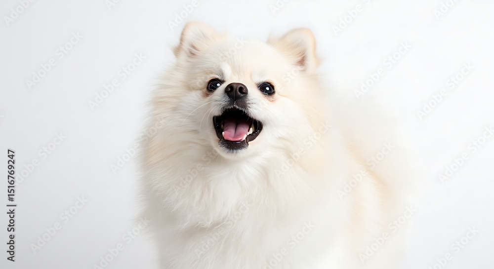 Fototapeta premium Happy White Pomeranian Dog Isolated On White Background Joyful Expression Open Mouth Adorable Pet Canine Friendliness Happiness Domestic Animal Cute Companion