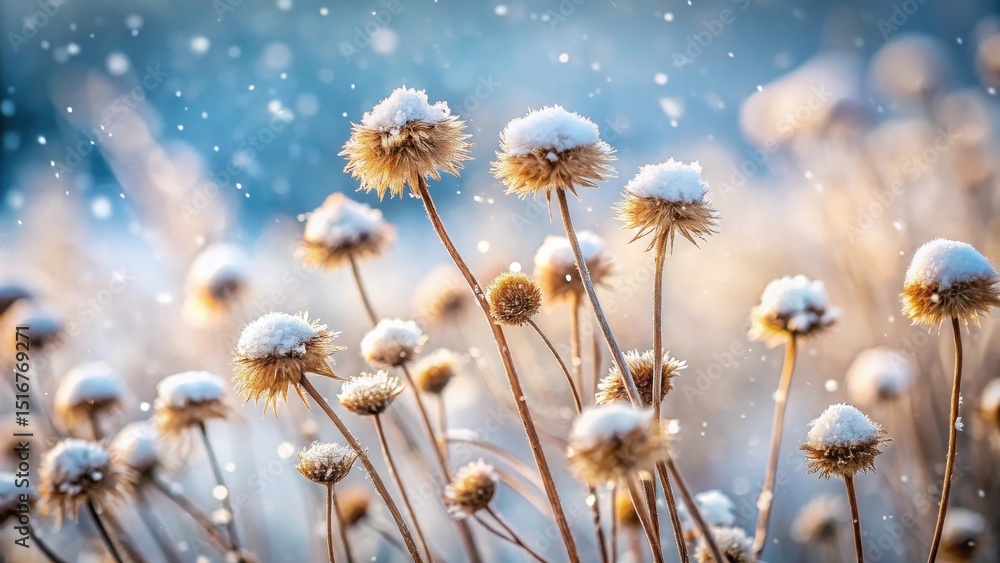 Obraz premium A serene winter scene featuring delicate wildflowers adorned with a light dusting of snow, gently falling amidst a soft-focus background.