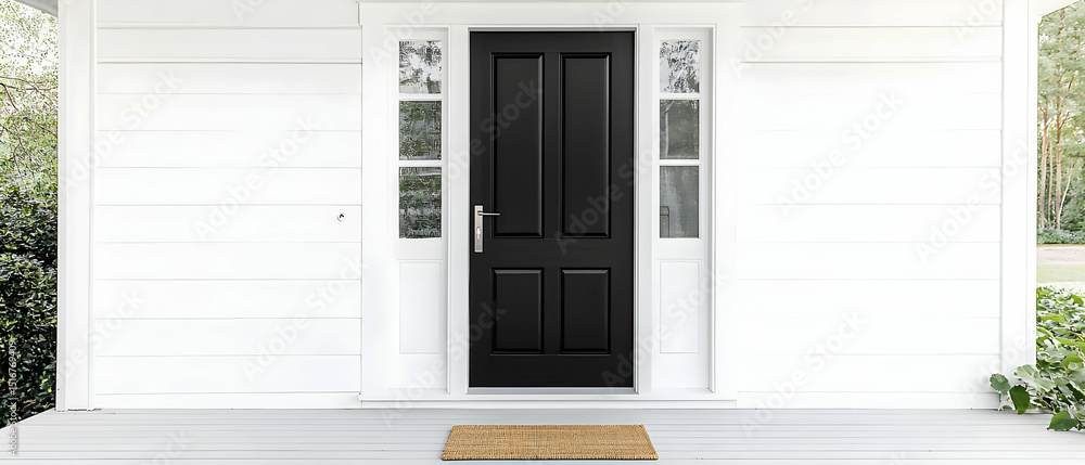 Fototapeta premium Elegant Black Panel Door With White Porch Decor