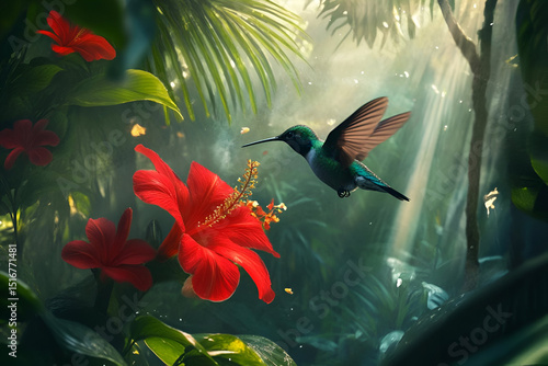A hummingbird hovering over a bright red flower in a tropical rainforest, its wings a blur of motion. The vibrant colors of the petals and the soft light filtering through the 