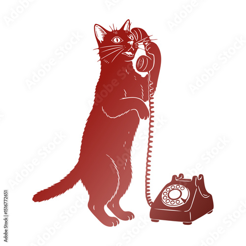 Cat Talking on a Vintage Rotary Telephone Illustration