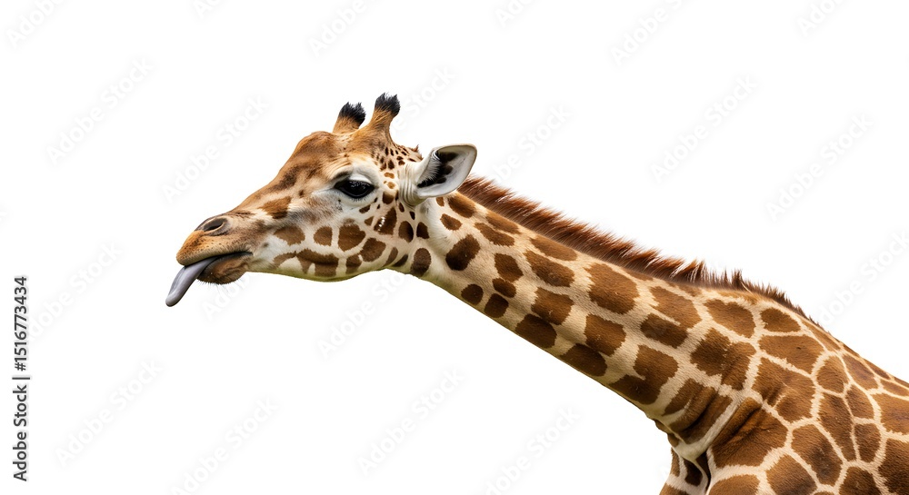 Obraz premium Funny Giraffe Sticking Tongue Out Isolated on White Background Portrait of Mammal Animal Showing Cheeky Behavior Wildlife Humor Theme Tall Exotic Creature