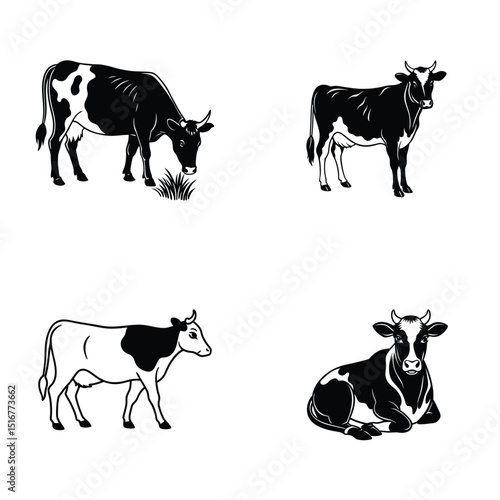 Village Cow Silhouette Set . Standing, Grazing, Sitting And Walking Poses