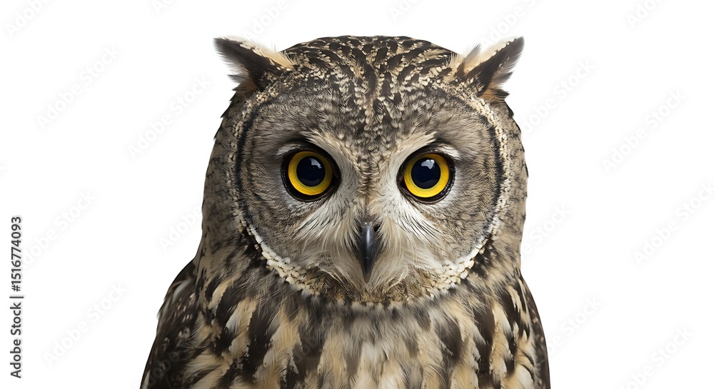 Obraz premium Wise Owl Isolated on White Background Symbolizing Knowledge and Wisdom Perfect for Educational and Nature-themed Projects Featuring Wild Bird Species