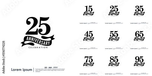 Set of 15-95th years anniversary celebration emblem. congratulations anniversary logo isolated with ribbon on white background. vector illustration template design for web, flyers, poster, greeting 