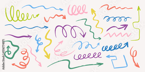 Doodle long arrows and lines set. Hand drawn straight, tangled, wavy arrows. Vector illustration	