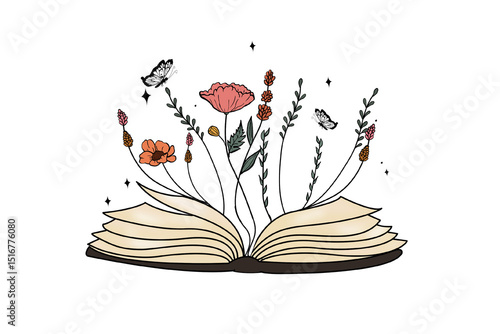 Open book with flowers and leaves isolated on transparent background