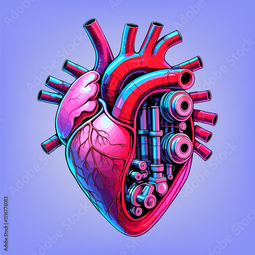 The human heart as a concept of a mechanism. An unreal human heart created as an engine. Neon style for your design.  EPS10. 