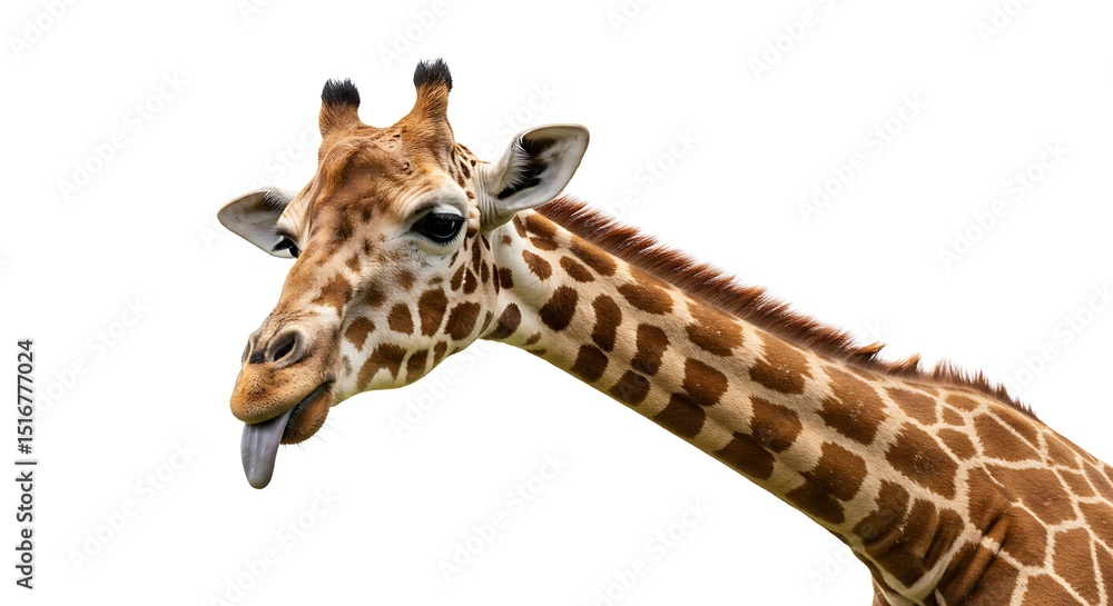 Naklejka premium Funny Giraffe Portrait Isolated on White Background Expressing Playfulness and Humor Showing Tongue Cute Animal in Studio Wildlife Mammal Headshot with Long Neck