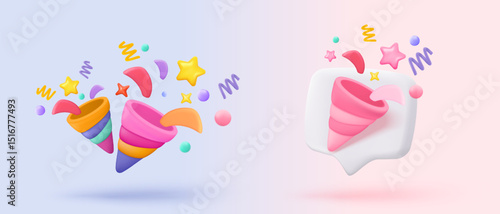 3d icon sign party poppers with flying. Birthday party and anniversary with cone popper. Firecracker explodes with ribbon explode for surprise. 3d confetti bang winner icon vector render illustration