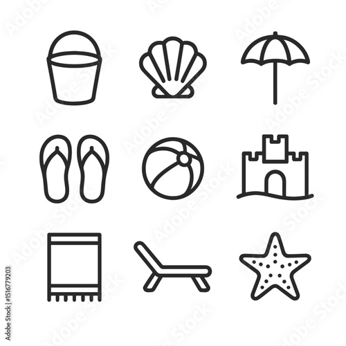 Beach Icon Set. Outline icon set of beach scenes: sand bucket, seashell, beach umbrella, flip-flops, beach ball, sandcastle, towel