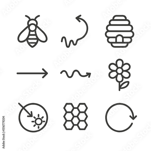 Bee Dance Icon Set. Outline icon set of bee waggle dance language: honeybee silhouette, dance path arrow, hive icon, direction