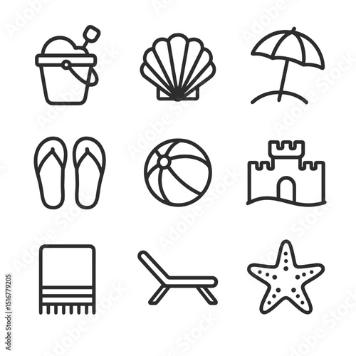 Beach Icon Set. Outline icon set of beach scenes: sand bucket, seashell, beach umbrella, flip-flops, beach ball, sandcastle, towel