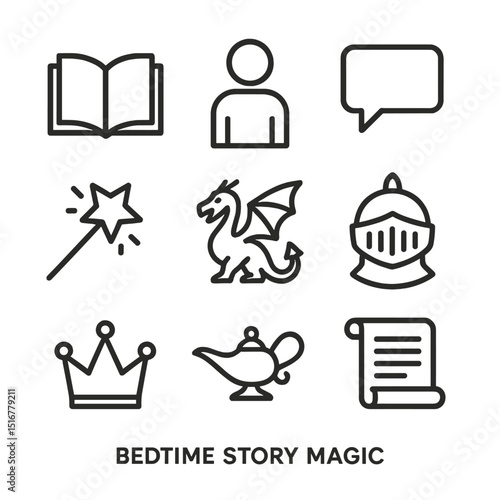 Bedtime Magic Icons. Outline icon set of bedtime story magic: open book, storyteller figure, speech bubble, fairy wand, dragon