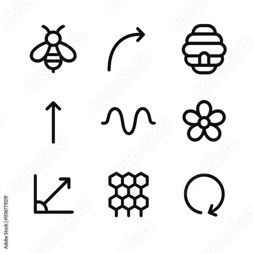 Bee Dance Icon Set. Outline icon set of bee waggle dance language: honeybee silhouette, dance path arrow, hive icon, direction