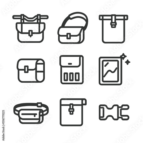 Bike Messenger Icon Set. Outline icon set of bike messenger delivery bag: handlebar mount, shoulder pad, waterproof rolltop, side