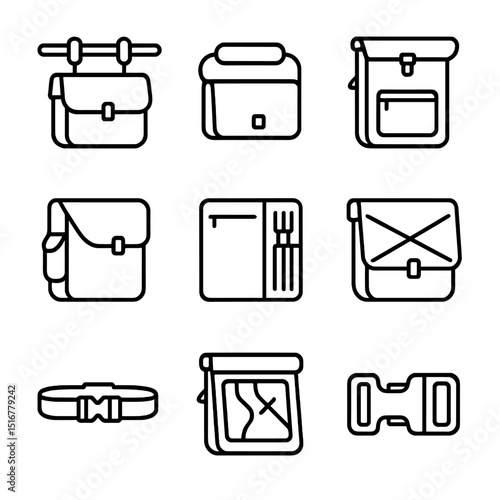 Bike Messenger Icon Set. Outline icon set of bike messenger delivery bag: handlebar mount, shoulder pad, waterproof rolltop, side