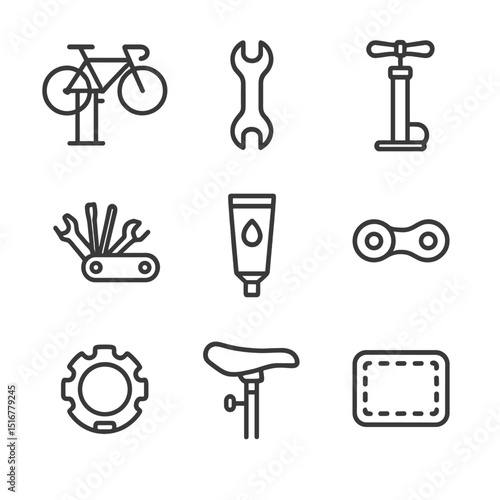 Bicycle Repair Icons. Outline icon set of bicycle repair station: bike stand, wrench, tire pump, multi-tool, grease tube, chain