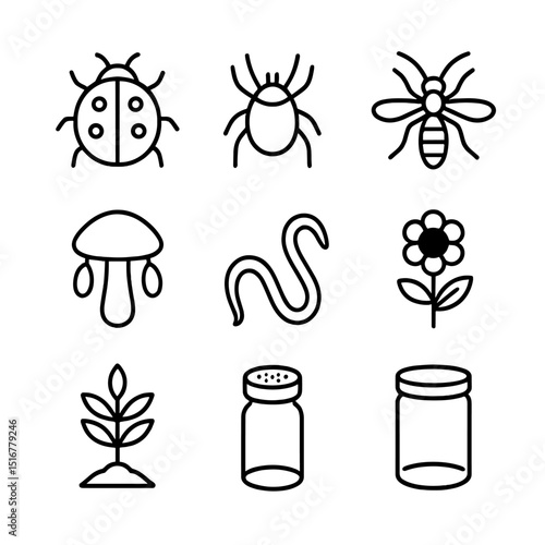 Biological Control Icons. Outline icon set of biological control agents: ladybug beetle, predatory mite, parasitic wasp,