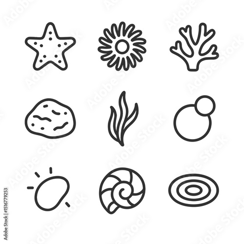 Bioluminescent Tide Pool Icons. Outline icon set of bioluminescent tidal pools: starfish outline, anemone, coral piece, tide pool