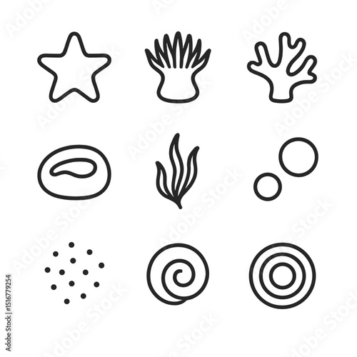 Bioluminescent Tide Pool Icons. Outline icon set of bioluminescent tidal pools: starfish outline, anemone, coral piece, tide pool