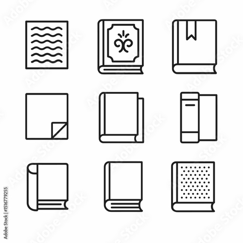 Book Feature Icons. Outline icon set of print book tactile features: paper texture, embossed cover, ribbon bookmark, page corner