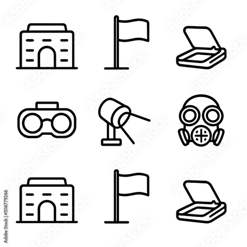 Bunker Icon Set. Outline icon set of bunker seizure flag display: concrete bunker, raised flag, entry hatch, night vision goggles,