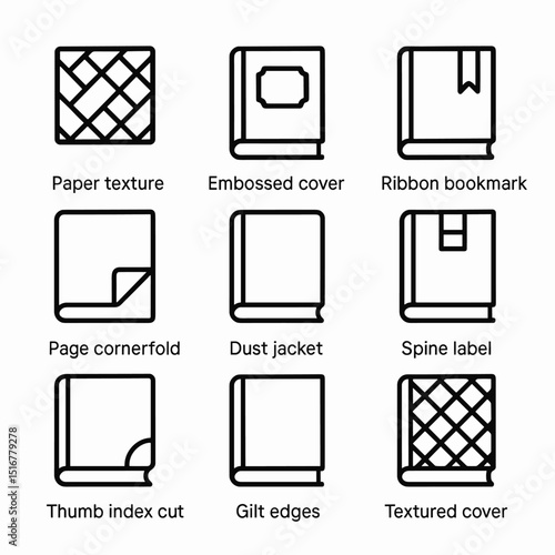 Book Feature Icons. Outline icon set of print book tactile features: paper texture, embossed cover, ribbon bookmark, page corner