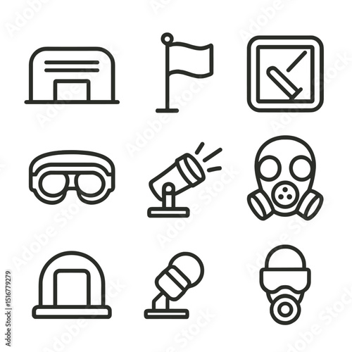 Bunker Icon Set. Outline icon set of bunker seizure flag display: concrete bunker, raised flag, entry hatch, night vision goggles,