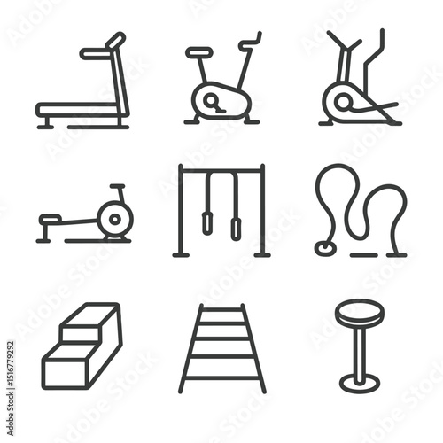 Cardio Station Icons. Outline icon set of cardio stations: outdoor treadmill, stationary bike, elliptical trainer, rowing machine,