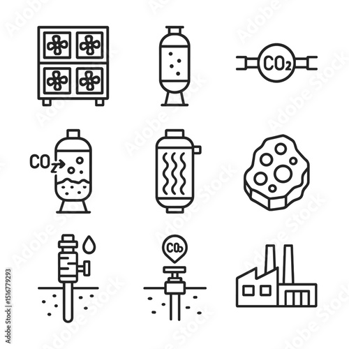 Carbon Capture Icon Set. Outline icon set of carbon capture and utilization: direct air capture unit, amine solvent column, CO₂