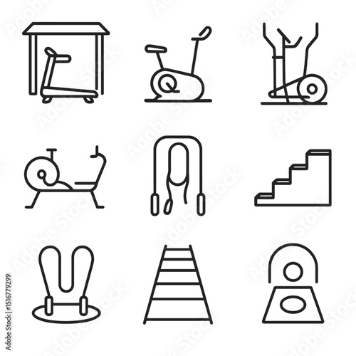 Cardio Station Icons. Outline icon set of cardio stations: outdoor treadmill, stationary bike, elliptical trainer, rowing machine,