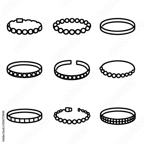 Diamond Bracelet Icons. Outline icon set of diamond tennis bracelets: classic link, bezel link, channel link, bangle style, hinged